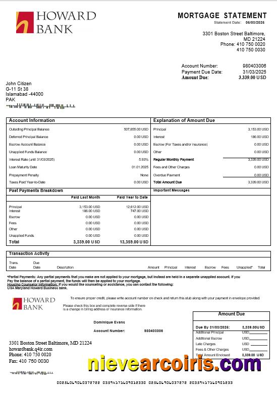 USA Maryland Howard Business bank mortgage statement